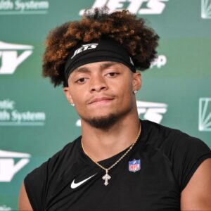 New York Jets quarterback Justin Fields (7) speaks at a press conference during minicamp at Atlantic Health Jets Training Center.