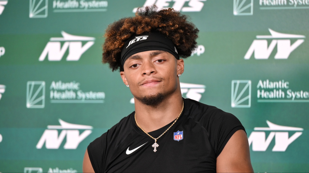 New York Jets quarterback Justin Fields (7) speaks at a press conference during minicamp at Atlantic Health Jets Training Center.
