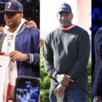 Dwyane Wade and Carmelo Anthony (L); Michael Jordan (C) and Allen Iverson (R)