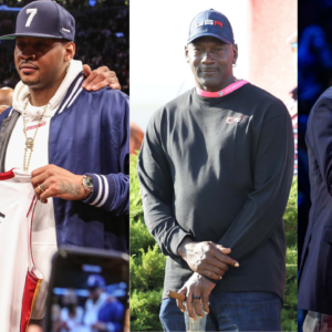 Dwyane Wade and Carmelo Anthony (L); Michael Jordan (C) and Allen Iverson (R)