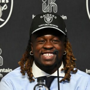 Las Vegas Raiders first round draft pick in the 2025 NFL Draft Ashton Jeanty, speaks to the media at Intermountain Health Performance Center.