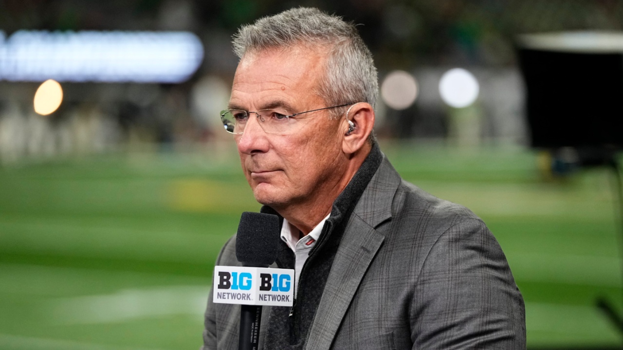 Former Ohio State Buckeyes head coach Urban Meyer broadcasts for the Big Ten Network prior to the College Football Playoff National Championship against the Notre Dame Fighting Irish at Mercedes-Benz Stadium in Atlanta on Jan. 20, 2025.