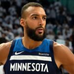 Minnesota Timberwolves center Rudy Gobert (27) reacts after the game against the Oklahoma City Thunder in game three of the western conference finals for the 2025 NBA Playoffs at Target Center.