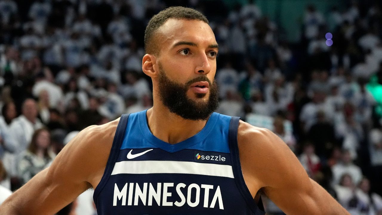 Minnesota Timberwolves center Rudy Gobert (27) reacts after the game against the Oklahoma City Thunder in game three of the western conference finals for the 2025 NBA Playoffs at Target Center.