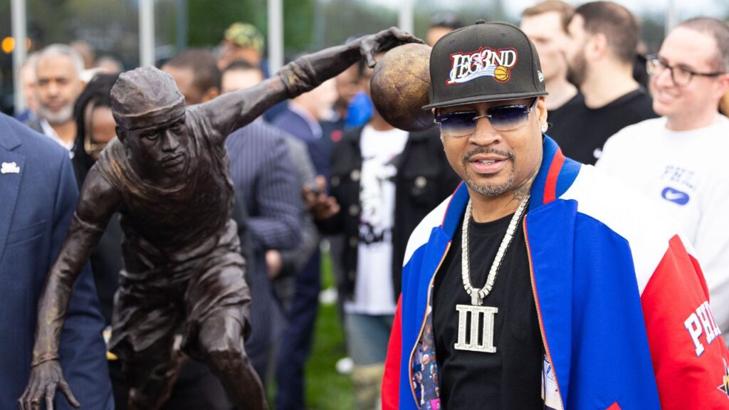 Apr 12, 2024; Camden, NJ, USA; Philadelphia 76ers great Allen Iverson during the unveiling of the statue honoring him in a ceremony at the Philadelphia 76ers Training Complex. Mandatory Credit: Bill Streicher-Imagn Images