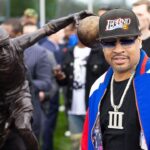 Apr 12, 2024; Camden, NJ, USA; Philadelphia 76ers great Allen Iverson during the unveiling of the statue honoring him in a ceremony at the Philadelphia 76ers Training Complex. Mandatory Credit: Bill Streicher-Imagn Images