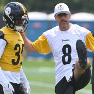 Pittsburgh Steelers quarterback Aaron Rodgers (8) stretches during minicamp at their South Side facility.