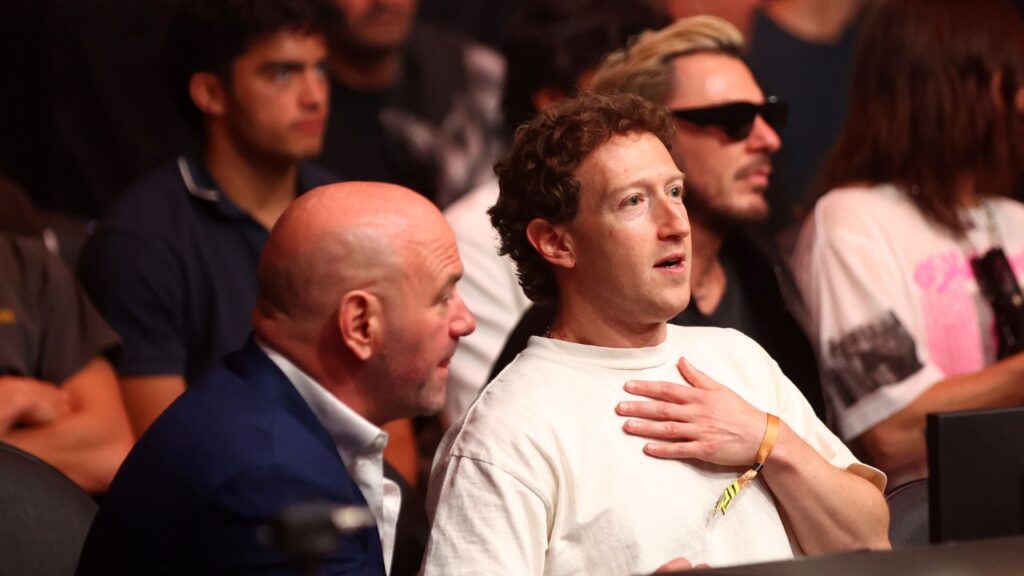 Mark Zuckerberg (right) and Dana White (left) during UFC 300 at T-Mobile Arena.