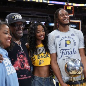 May 31, 2025; Indianapolis, Indiana, USA; Indiana Pacers center Myles Turner (33) poses for a photo after game six of the eastern conference finals against the New York Knicks for the 2025 NBA Playoffs at Gainbridge Fieldhouse. Mandatory Credit: Trevor Ruszkowski-Imagn Images