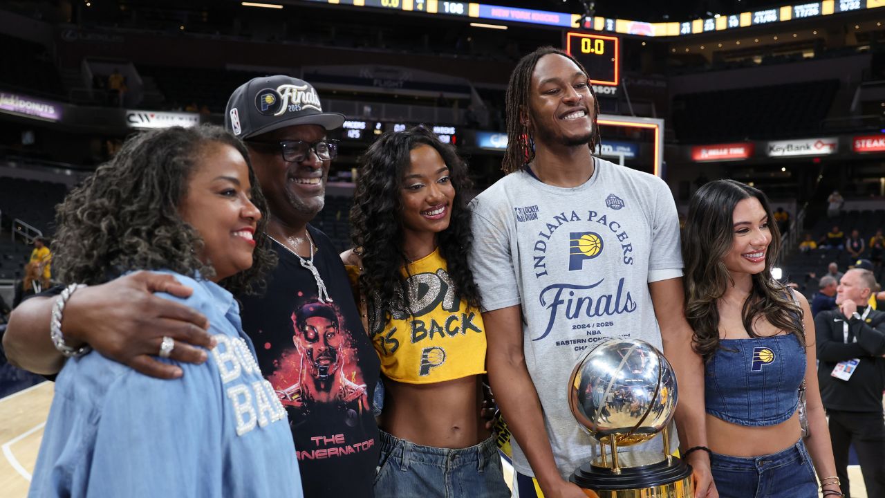 May 31, 2025; Indianapolis, Indiana, USA; Indiana Pacers center Myles Turner (33) poses for a photo after game six of the eastern conference finals against the New York Knicks for the 2025 NBA Playoffs at Gainbridge Fieldhouse. Mandatory Credit: Trevor Ruszkowski-Imagn Images