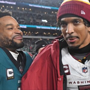 Philadelphia Eagles cornerback Darius Slay Jr. (2) and Washington Commanders quarterback Jayden Daniels (5) after the NFC Championship game at Lincoln Financial Field.