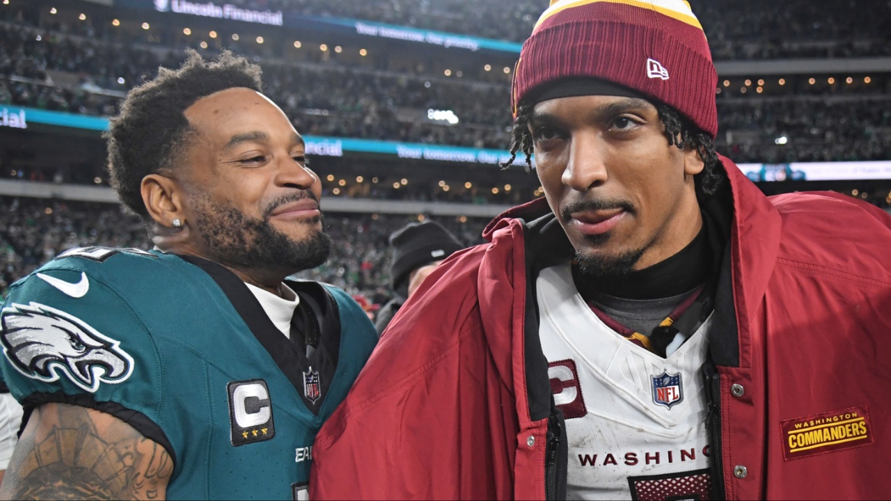 Philadelphia Eagles cornerback Darius Slay Jr. (2) and Washington Commanders quarterback Jayden Daniels (5) after the NFC Championship game at Lincoln Financial Field.