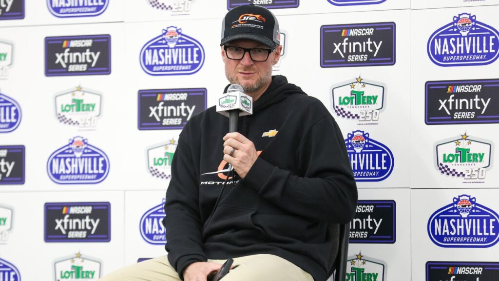 NASCAR Xfinity series car owner Dale Earnhardt Jr. speaks to the media after the Tennessee Lottery 250 at Nashville Superspeedway.