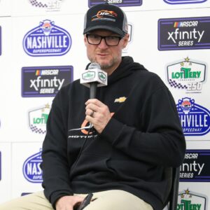 NASCAR Xfinity series car owner Dale Earnhardt Jr. speaks to the media after the Tennessee Lottery 250 at Nashville Superspeedway.