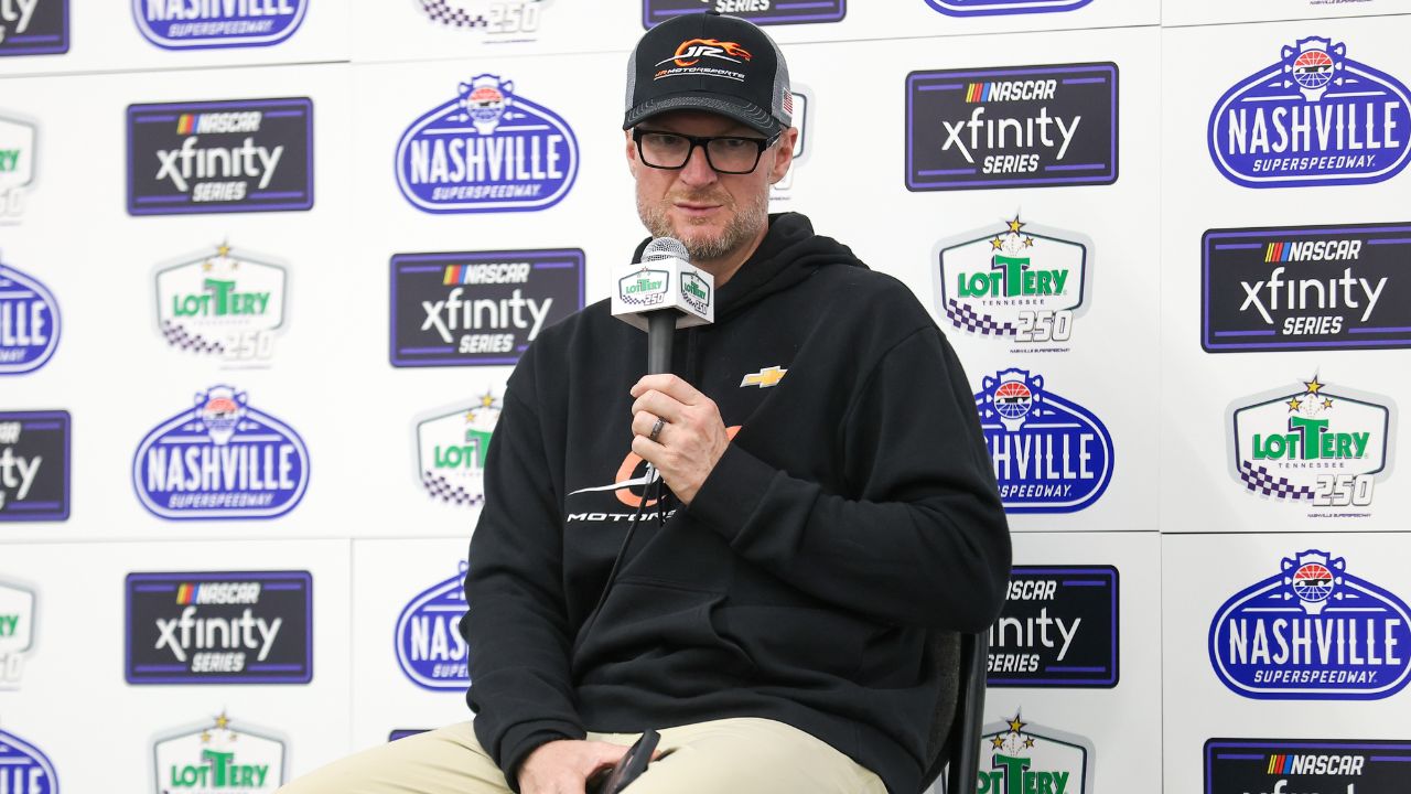 NASCAR Xfinity series car owner Dale Earnhardt Jr. speaks to the media after the Tennessee Lottery 250 at Nashville Superspeedway.
