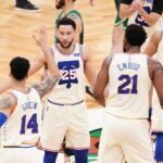 Philadelphia 76ers guard Ben Simmons (25) congratulates forward Danny Green (14) after his three point basket against the Boston Celtics in the second quarter at TD Garden.