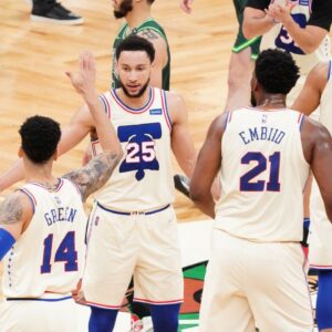 Philadelphia 76ers guard Ben Simmons (25) congratulates forward Danny Green (14) after his three point basket against the Boston Celtics in the second quarter at TD Garden.