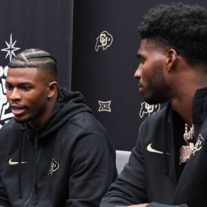 Colorado Buffaloes safety Shilo Sanders and quarterback Shedeur Sanders speak to the media during the Big 12 Media Days at Allegiant Stadium.