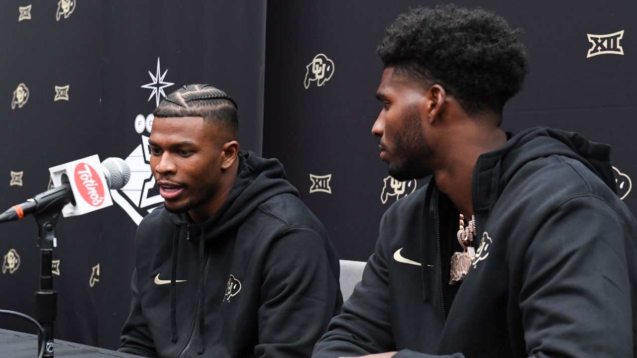 Colorado Buffaloes safety Shilo Sanders and quarterback Shedeur Sanders speak to the media during the Big 12 Media Days at Allegiant Stadium.