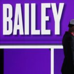 Ace Bailey looks on after being selected as the fifth pick by the Utah in the first round of the 2025 NBA Draft at Barclays Center.