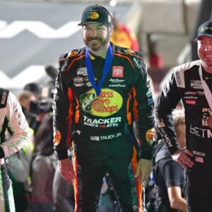 The podium of winning NASCAR Cup Series driver Martin Truex Jr. (19) second place finisher driver Austin Dillon (3) and third place finisher driver Kyle Busch (8) following the Busch Light Clash at the Los Angeles Memorial Coliseum.