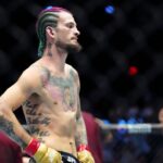 Sean OíMalley of the United States (red gloves) fights Merab Dvalishvili of Georgia (blue gloves) during Riyadh Season Noche UFC 306 at The Sphere.