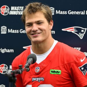 New England Patriots quarterback Drake Maye (10) holds a press conference after minicamp at Gillette Stadium.