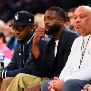 Former NBA player Dwayne Wade watches the NCAA Big East Conference Tournament quarterfinals game between the Xavier Musketeers and Marquette Golden Eagles, Thursday, March 13, 2025, at Madison Square Garden in New York City.