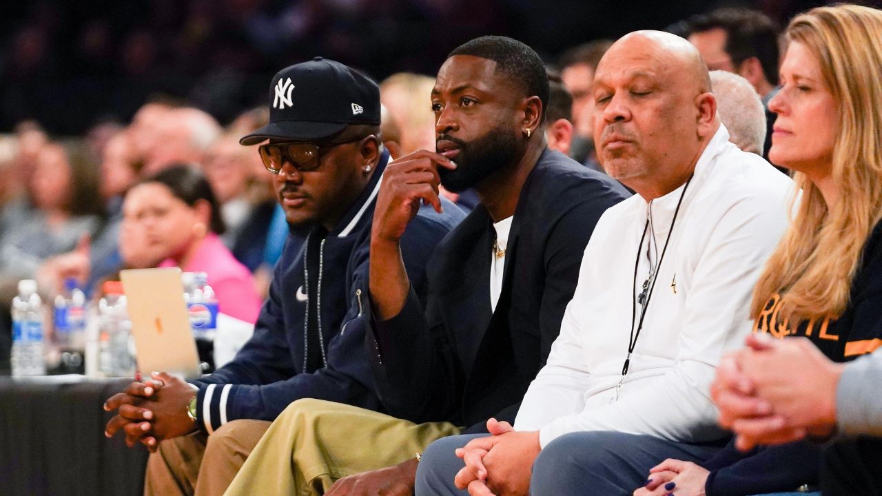 Former NBA player Dwayne Wade watches the NCAA Big East Conference Tournament quarterfinals game between the Xavier Musketeers and Marquette Golden Eagles, Thursday, March 13, 2025, at Madison Square Garden in New York City.