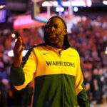 May 12, 2025; San Francisco, California, USA; Golden State Warriors forward Draymond Green (23) blows a kiss towards the crowd before the start of the game against the Minnesota Timberwolves during game four of the second round for the 2025 NBA Playoffs at Chase Center. Mandatory Credit: Cary Edmondson-Imagn Images