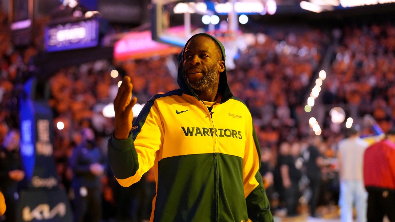May 12, 2025; San Francisco, California, USA; Golden State Warriors forward Draymond Green (23) blows a kiss towards the crowd before the start of the game against the Minnesota Timberwolves during game four of the second round for the 2025 NBA Playoffs at Chase Center. Mandatory Credit: Cary Edmondson-Imagn Images