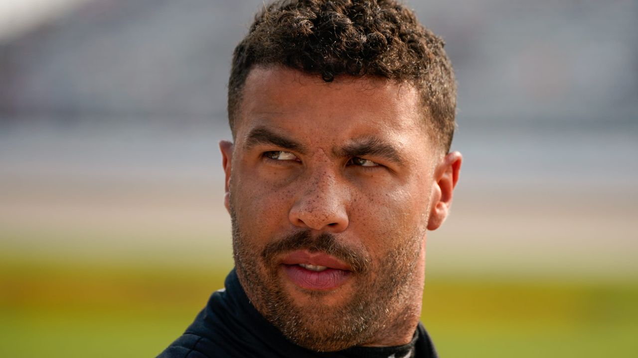 NASCAR Cup Series driver Bubba Wallace exits his car during qualification for the Cracker Barrel 400 at Nashville Superspeedway in Lebanon, Tenn., Saturday, May 31, 2025.