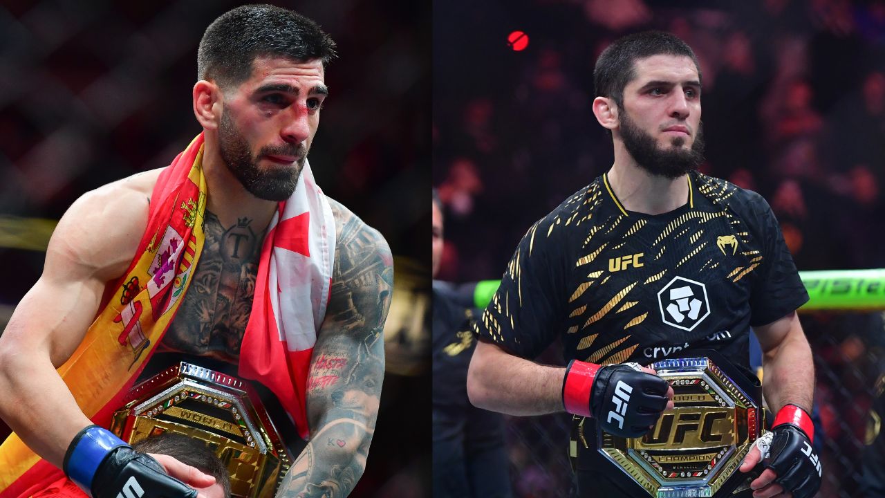 Ilia Topuria (L), Islam Makhachev (R)