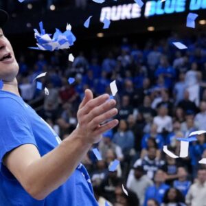 COOPER FLAGG 2 of the Duke Blue Devils of the Duke Blue Devils celebrates after Duke s Elite Eight win at the Prudential Center.