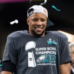Philadelphia Eagles running back Saquon Barkley (26) celebrates after defeating the Kansas City Chiefs during Super Bowl LIX at Ceasars Superdome.