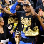 Jun 22, 2025; Oklahoma City, Oklahoma, USA; Oklahoma City Thunder guard Shai Gilgeous-Alexander (2) makes a heart gesture as the Oklahoma City Thunder celebrate after winning game seven of the 2025 NBA Finals against the Indiana Pacers at Paycom Center