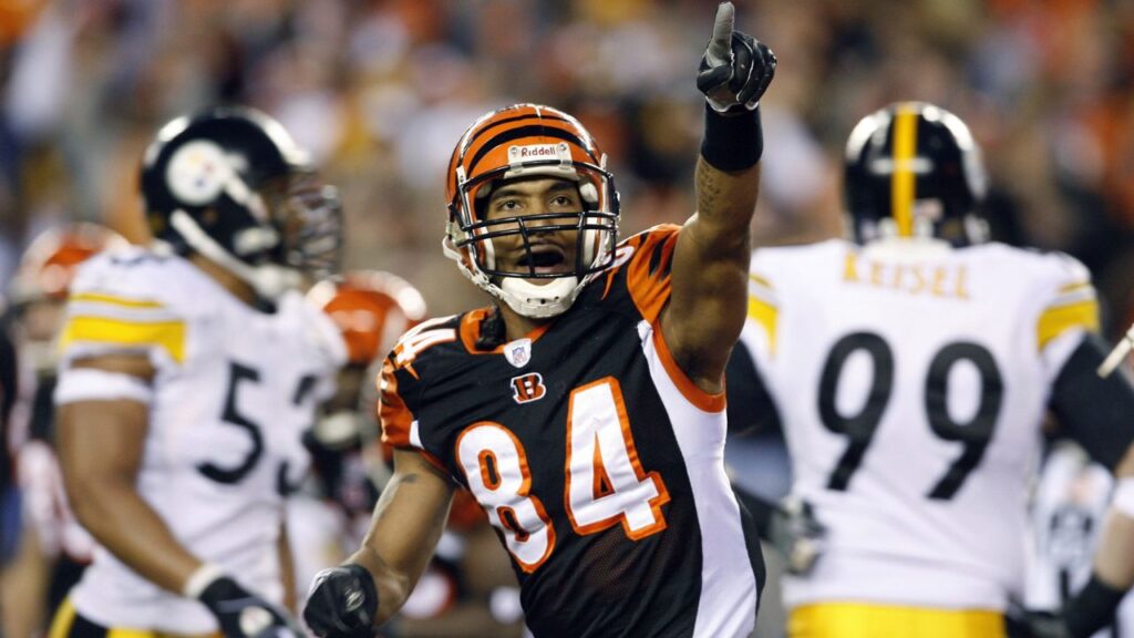 Cincinnati Bengals receiver (84) TJ Houshmandzadeh points to the crowd in celebration of his second quarter touchdown against Pittsburgh Steelers at Paul Brown Stadium.