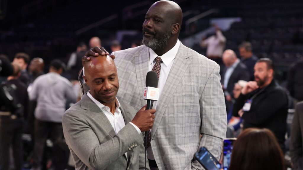 Richard Jefferson and Shaquille O'Neal look on before game five of the eastern conference finals for the 2025 NBA Playoffs at Madison Square Garden.