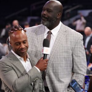 Richard Jefferson and Shaquille O'Neal look on before game five of the eastern conference finals for the 2025 NBA Playoffs at Madison Square Garden.