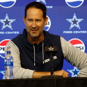 Dallas Cowboys head coach Brian Schottenheimer addresses the media before practice at the Ford Center at the Star Training Facility in Frisco, Texas.