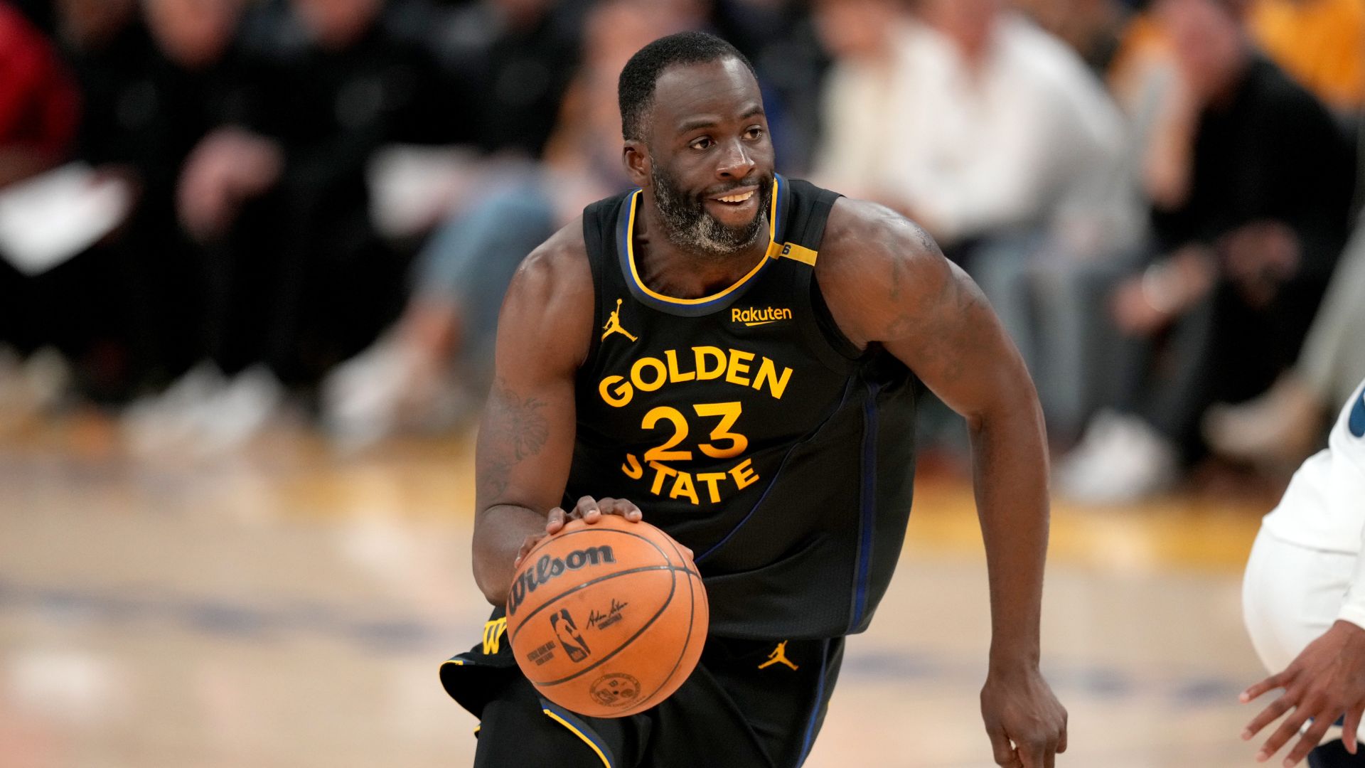 May 12, 2025; San Francisco, California, USA; Golden State Warriors forward Draymond Green (23) dribbles the ball against the Minnesota Timberwolves in the fourth quarter during game four of the second round for the 2025 NBA Playoffs at Chase Center.