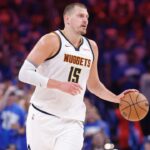 May 18, 2025; Oklahoma City, Oklahoma, USA; Denver Nuggets center Nikola Jokic (15) dribbles down the court against the Oklahoma City Thunder in the second quarter during game seven of the second round for the 2025 NBA Playoffs at Paycom Center. Mandatory Credit: Alonzo Adams-Imagn Images