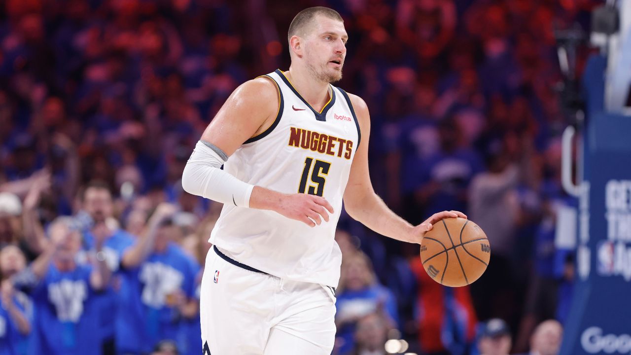 May 18, 2025; Oklahoma City, Oklahoma, USA; Denver Nuggets center Nikola Jokic (15) dribbles down the court against the Oklahoma City Thunder in the second quarter during game seven of the second round for the 2025 NBA Playoffs at Paycom Center. Mandatory Credit: Alonzo Adams-Imagn Images