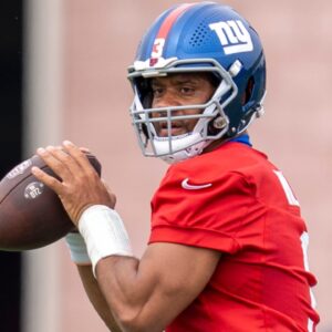 Russell Wilson, quarterback with the NY Giants, is shown during a practice at Quest Diagnostics Training Center, East Rutherford, NJ, May 28, 2025.