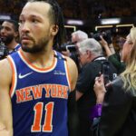 May 31, 2025; Indianapolis, Indiana, USA; New York Knicks guard Jalen Brunson (11) reacts after game six of the eastern conference finals against the Indiana Pacers for the 2025 NBA Playoffs at Gainbridge Fieldhouse.