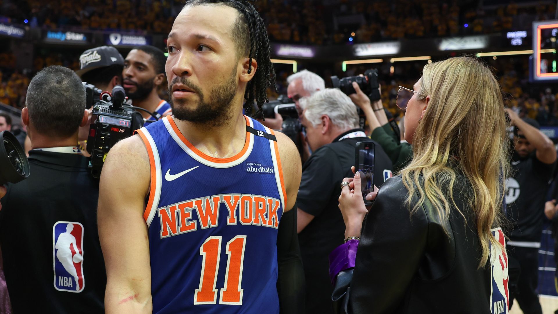 May 31, 2025; Indianapolis, Indiana, USA; New York Knicks guard Jalen Brunson (11) reacts after game six of the eastern conference finals against the Indiana Pacers for the 2025 NBA Playoffs at Gainbridge Fieldhouse.