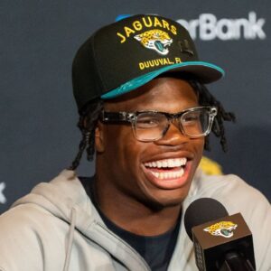 The Jacksonville Jaguars first-round pick, Colorado Buffaloes wide receiver and defensive back Travis Hunter answers questions during a press conference