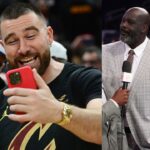 (L) Jason Kelce and Travis Kelce (R) Shaquille O'Neal