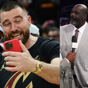 (L) Jason Kelce and Travis Kelce (R) Shaquille O'Neal