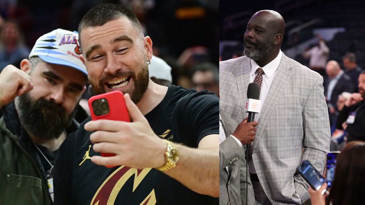 (L) Jason Kelce and Travis Kelce (R) Shaquille O'Neal
